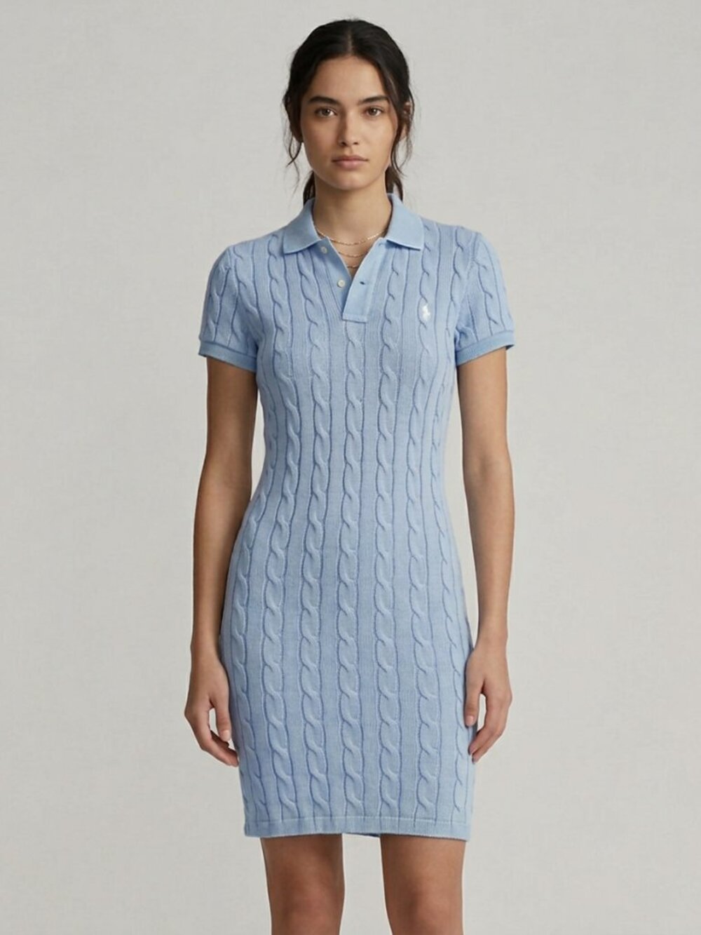 Polo Ralph Lauren Light Blue Cable-Knit Polo Midi Sweater Dress